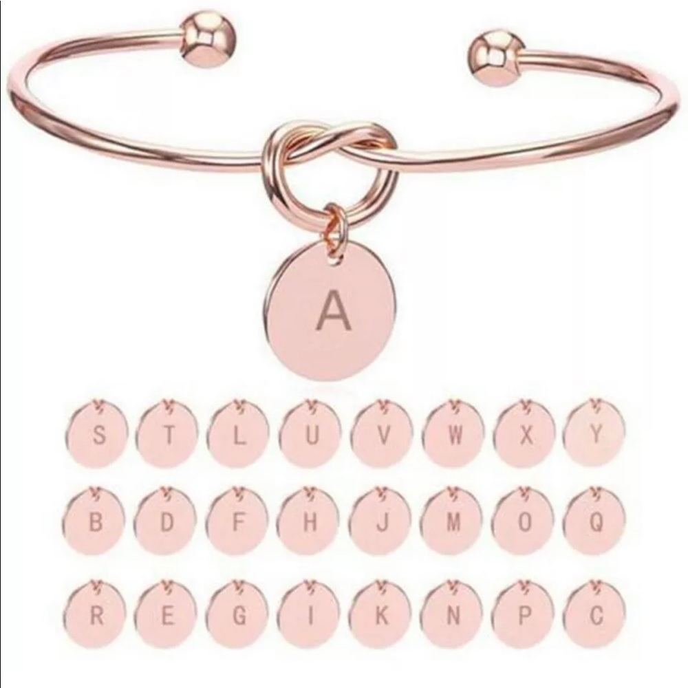 NWOT Rose Gold Initial Letter Charm Love Knot Alloy Open Bracelet Bangle Cuff S